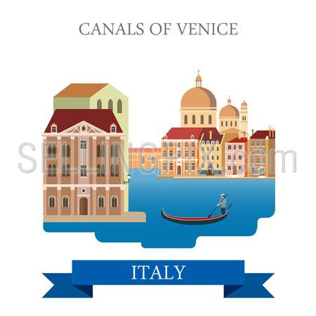 Canals of Venice gondola in Italy. Flat cartoon style gondolier historic sight showplace attraction web vector illustration template. World countries cities vacation travel sightseeing collection