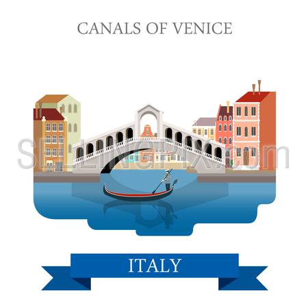 Rialto Bridge Canals of Venice in Italy. Flat cartoon style gondola historic sight showplace attraction web vector illustration template. World countries cities vacation travel sightseeing collection.