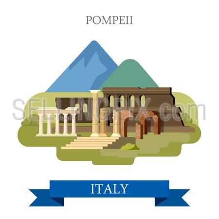 Pompeii Ruins in Italy. Flat cartoon style historic sight showplace point of interest web site vector illustration. Italian heritage. World countries cities vacation travel sightseeing collection.