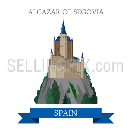 Alcazar of Segovia in Spain. Flat cartoon style historic sight showplace attraction point of interest web site vector illustration. World countries cities vacation travel sightseeing collection.