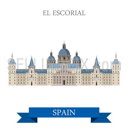 El Escorial Monastery King Residence in Madrid Spain. Flat cartoon style historic sight showplace attraction web site vector illustration. World countries cities vacation travel sightseeing collection