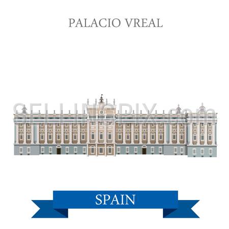 Palacio Real in Madrid Spain. Flat cartoon style historic sight showplace attraction web site vector illustration. World countries cities vacation travel sightseeing collection