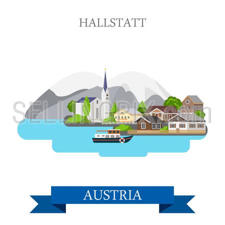 Hallstatt Lake in Salzkammergut Upper Austria. Flat cartoon style historic sight showplace attraction web site vector illustration. World countries cities vacation travel sightseeing collection.