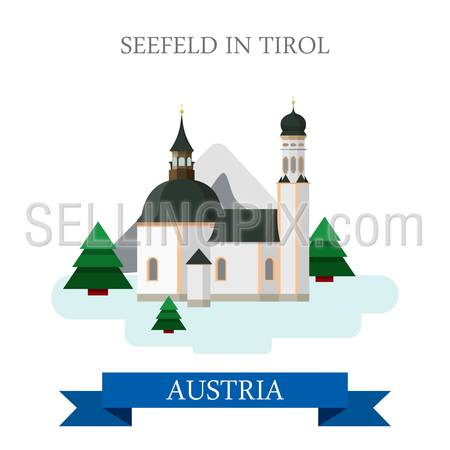 Seefeld in Tirol Village in Innsbruck Land Tyrol Austria. Flat cartoon style historic sight showplace attraction web vector illustration. World countries cities vacation travel sightseeing collection.