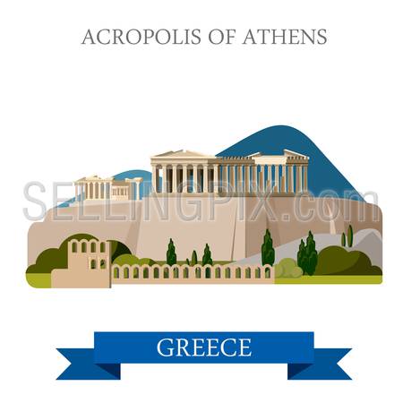 Acropolis of Athens ancient monument in Greece. Flat cartoon style historic sight showplace attraction web site vector illustration. World countries cities vacation travel sightseeing collection.