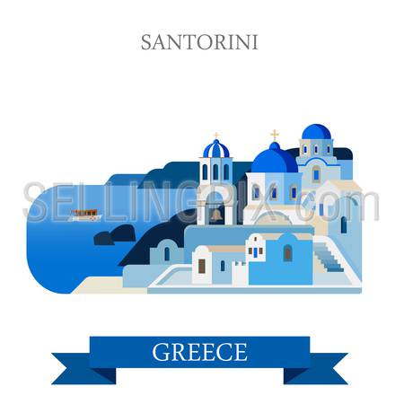 Santorini Aegean Sea Islands in Greece. Flat cartoon style historic sight showplace attraction web site vector illustration. World countries cities vacation travel sightseeing collection.