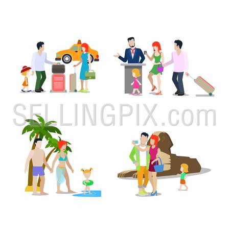 Family summer holiday travel beach vacation Egypt sightseeing flat style concept web vector illustration people activity icon set. Taxi to airport plane boarding passport control sea Sphinx selfie.