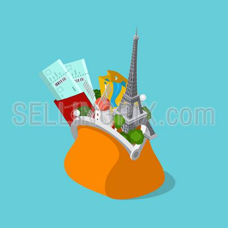 Bag full of European sights landmarks showplace flat 3d isometric isometry vacation travel tourism concept vector web illustration. Paris Eiffel Tower Nethelands windmill. Creative travel collection