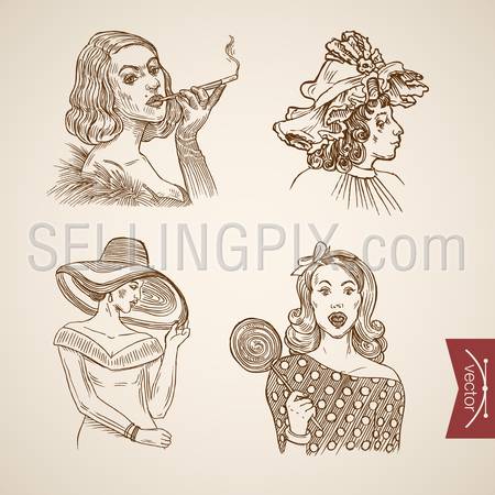 Fashionably dressed pretty girls portrait icon set. Engraving style pen pencil crosshatch hatching paper painting retro vintage vector lineart illustration. Fashion hat headband stylish woman candy.