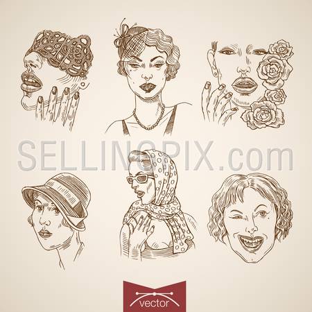 Tattoo sketch pretty girls portrait icon set. Engraving style pen pencil crosshatch hatching paper painting retro vintage vector lineart illustration. Woman face closeup.