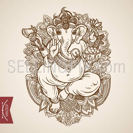 Indian Ganesha deity elephant dancing. Engraving style pen pencil crosshatch hatching paper painting retro vintage vector lineart illustration. Four hand man with head of elephant Hinduism religion.