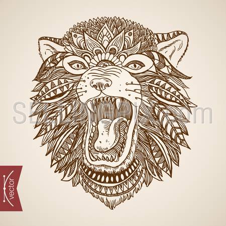 Indian lion feathers instead fur. Engraving style pen pencil crosshatch hatching paper painting retro vintage vector lineart illustration. Scary animal canine tooth.