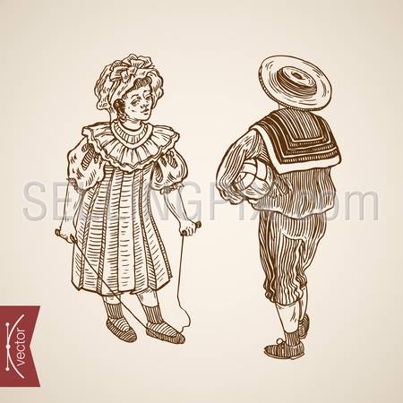Girl boy back view traditionally dressed old fashion dress suit hat skipping rope ball set. Engraving style pen pencil crosshatch hatching paper painting retro vintage vector lineart illustration