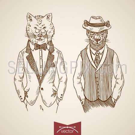 Wolf puma animal businessmen hipster style human clothes accessory monocle glasses tie icon set. Engraving style pen pencil crosshatch hatching paper painting retro vintage vector lineart illustration