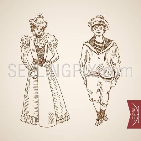 Sailor man lady woman clothes accessory wearing singlet dress hat icon set. Engraving style pen pencil crosshatch hatching paper painting retro vintage vector lineart illustration.