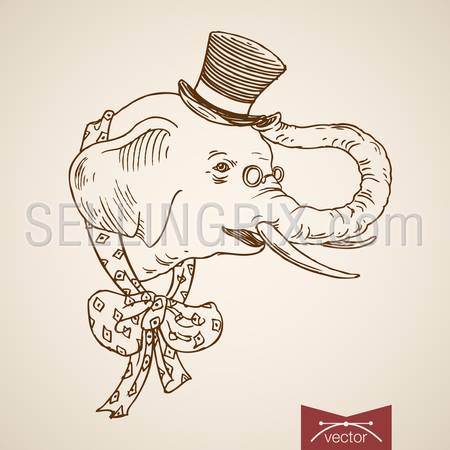 Wild animal Elephant head clothes accessories in cylinder hat bow with polka dots tie. Engraving style pen pencil crosshatch hatching paper painting retro vintage vector lineart illustration.