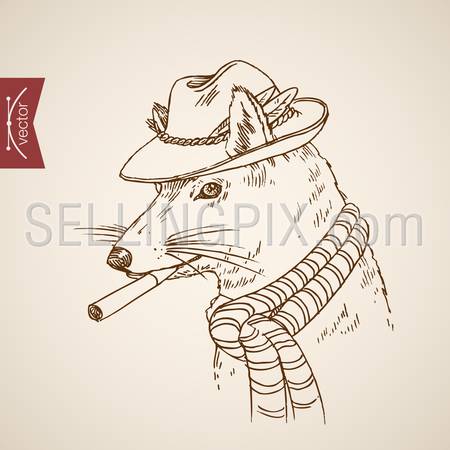 Animal rat mouse head hipster style human like clothes accessory wearing hat scarf cigarette. Engraving style pen pencil crosshatch hatching paper painting retro vintage vector lineart illustration.