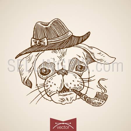 Dog head hipster style human like clothes accessory wearing hat smoking tobacco pipe. Engraving style pen pencil crosshatch hatching paper painting retro vintage vector lineart illustration.