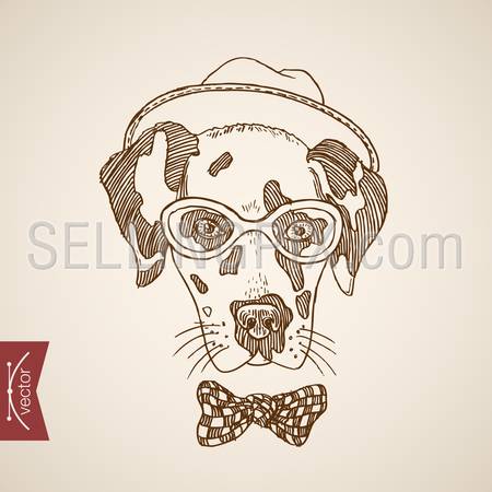 Dog terrier head hipster style human like clothes accessory wearing glasses scarf hat dots tie. Engraving style pen pencil crosshatch hatching paper painting retro vintage vector lineart illustration.