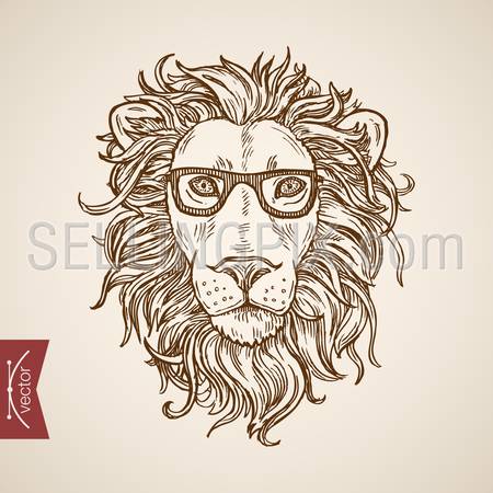 Wild animal lion portrait hipster style human clothes accessory wearing glasses. Engraving style pen pencil crosshatch hatching paper painting retro vintage vector lineart illustration.