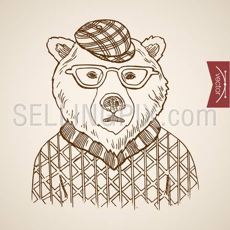 Bear portrait hipster style human clothes accessory wearing pullover glasses hat. Engraving style pen pencil crosshatch hatching paper painting retro vintage vector lineart illustration.
