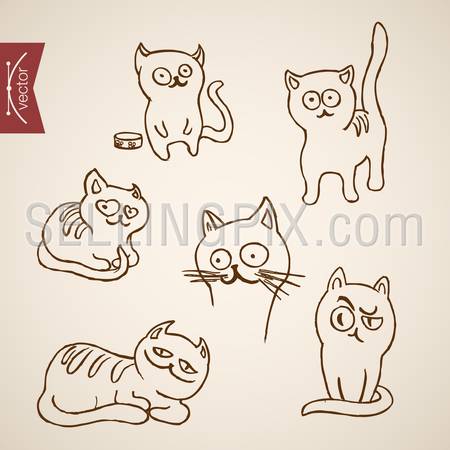 Pets friendly funny animal icon set. Engraving style pen pencil crosshatch hatching paper painting retro vintage vector lineart illustration. Cat sceptic smiling lying scared standing comic in-loved.