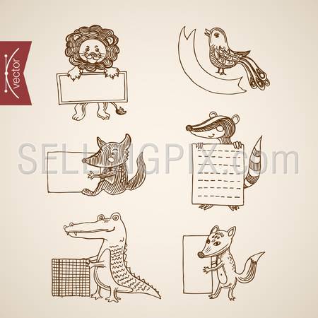 Wild life zoo funny animal icon set. Engraving style pen pencil crosshatch hatching paper painting retro vintage vector lineart illustration. Lion hold blank background crocodile fox bird wolf raccoon