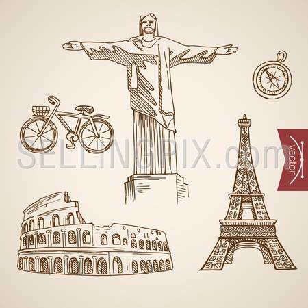 Engraving vintage hand drawn vector Eiffel tower in Paris, Jesus in Rio de Janeiro, Coliseum in Rome collection. Pencil Sketch Italy, France, Brazil landmarks illustration.