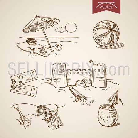 Engraving vintage hand drawn vector sand castle, ball, ticket, cocktail, bikini, bag on beach collection. Pencil Sketch vacation on sea, cruise illustration.