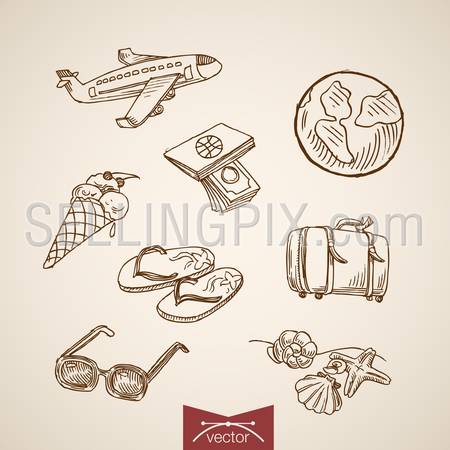Engraving vintage hand drawn vector World travel tourism collection. Pencil Sketch plane, globe, money, ice cream, baggage, slippers, glasses flying on vacation illustration.