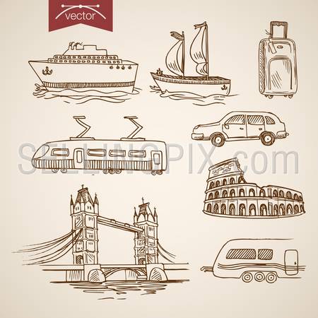 Engraving vintage hand drawn vector Ship, car, boat, train transport; Tower bridge in London, Coliseum in Rome landmarks collection. Pencil Sketch travel illustration.