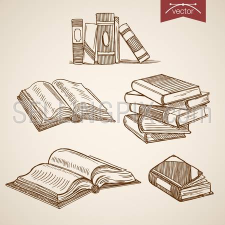 Engraving vintage hand drawn vector Library open, close books collection. Pencil Sketch education illustration.