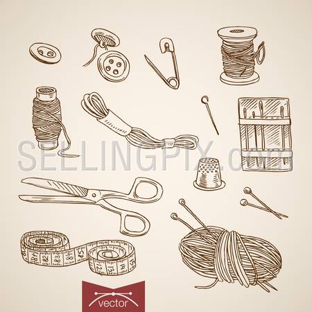 Engraving vintage hand drawn vector cutting and sewing collection. Pencil Sketch Scissors, clew, needle, elastic, hairpin, coil, button, pin, thimble Handmade instruments illustration.