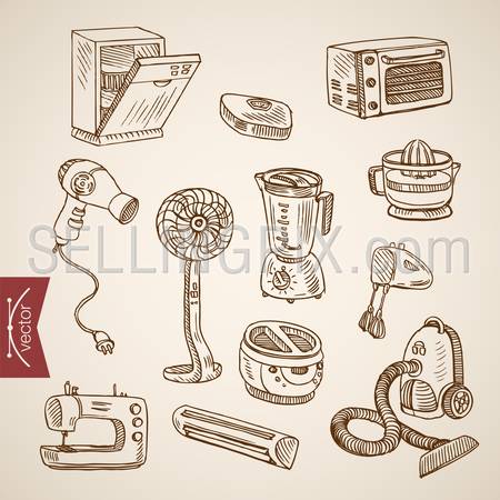 Engraving vintage hand drawn vector Dishwasher, Mixer, Juicer, Hairdryer, Vacuum cleaner, Sewing machine, Microwave electrical devices collection. Pencil Sketch Household appliances illustration.