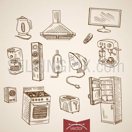 Engraving vintage hand drawn vector Electric kettle, extract iron, coffee machine, fridge, gas stove, toaster, column, electrical devices collection. Pencil Sketch Kitchen gadget illustration.