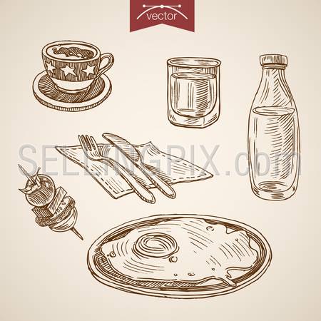 Engraving vintage hand drawn vector breakfast with Fried egg, Coffee, Water, Kanape, Vgetables, Omelette collection. Pencil Sketch Healthy life illustration.
