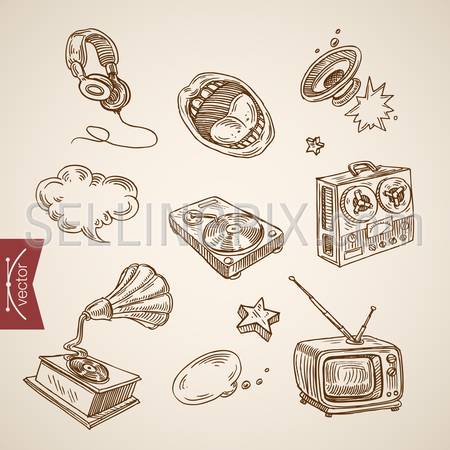 Engraving vintage hand drawn vector Musical retro equipment collection. Pencil Sketch Turntable bobbins, gramophone, tape plate, singing mouth loud illustration.