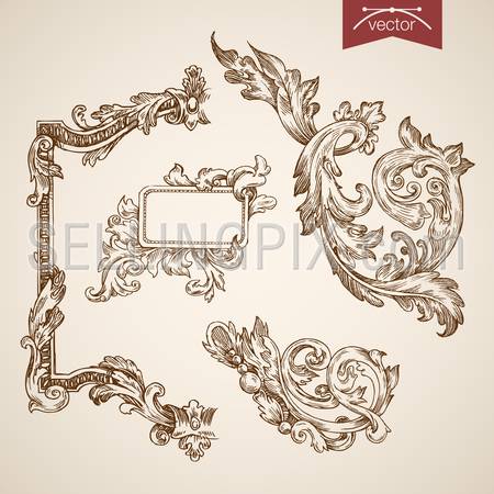 Engraving vintage hand drawn vector tracery Frame collection. Pencil Sketch royal lily decoration illustration.