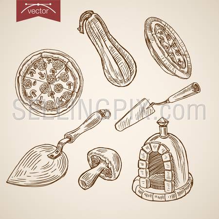 Engraving vintage hand drawn vector Italian pizzeria food collection. Pencil Sketch pizza, pumpkin mushroom illustration.