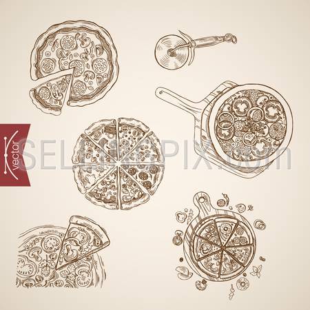 Engraving vintage hand drawn vector Pizza BBQ, Margherita, Veronese, Napoletana collection. Pencil Sketch food illustration.
