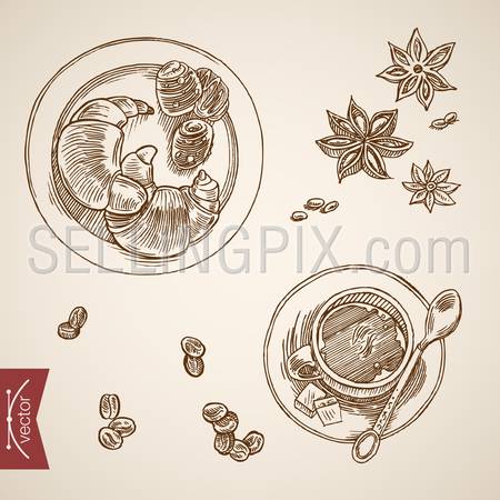 Engraving vintage hand drawn vector French breakfast with croissant and coffee collection. Pencil Sketch illustration.