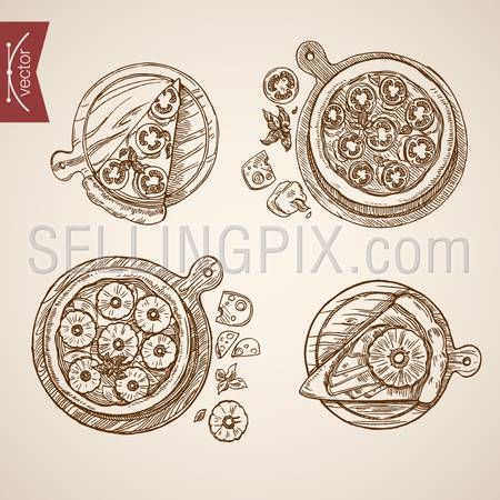 Engraving vintage hand drawn vector Italian pizzeria food collection. Pencil Sketch pizza, snack illustration.