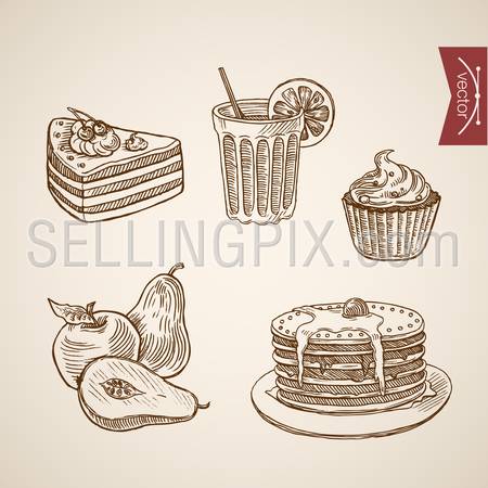 Engraving vintage hand drawn vector Cafeteria dessert collection. Pencil Sketch cake, pancakes, pears, cherry, tea cookies illustration.