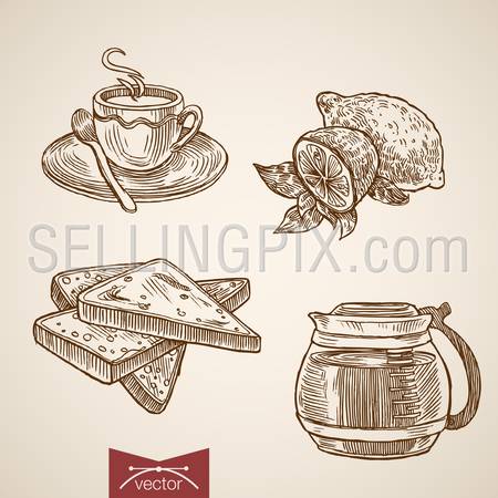 Engraving vintage hand drawn vector cup of hot drink and toast collection. Pencil Sketch coffee, lemon, tea breakfast illustration.
