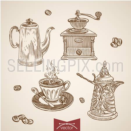Engraving vintage hand drawn vector coffee time collection. Pencil Sketch mill, Turk, hot drink illustration.
