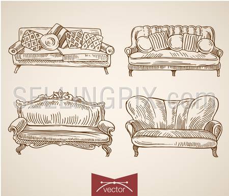 Engraving vintage hand drawn vector Soft Furniture collection. Pencil Sketch sofa, divan, couch illustration.
