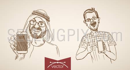 Engraving vintage hand drawn vector two men show their smartphones. Pencil Sketch difference between electronic devises illustration.