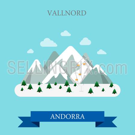 Vallnord well known famous mountain ski resort in Andorra. Flat cartoon style historic sight showplace attraction web site vector illustration. World countries cities vacation travel sightseeing collection.