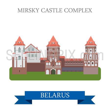 Mirsky Castle Complex in Grodno Belarus. Flat cartoon style historic sight showplace attraction web site vector illustration. World countries cities vacation travel sightseeing collection.