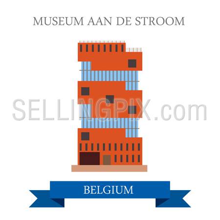 Museum Aan De Stroom in Antwerp Belgium. Flat cartoon style historic sight showplace attraction web site vector illustration. World countries cities vacation travel sightseeing collection.